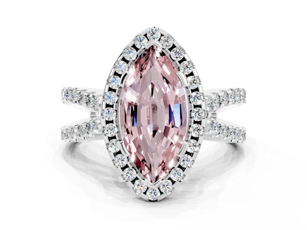 White gold Marquise Cut Morganite Halo Ring with Split Shank Pavé Band and Prong Setting