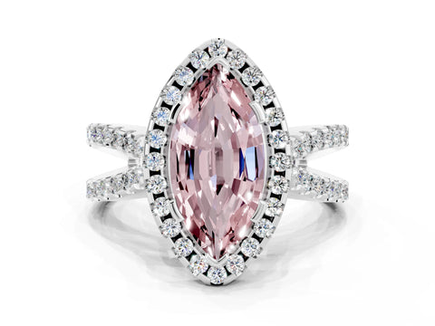 White gold Marquise Cut Morganite Halo Ring with Split Shank Pavé Band and Prong Setting