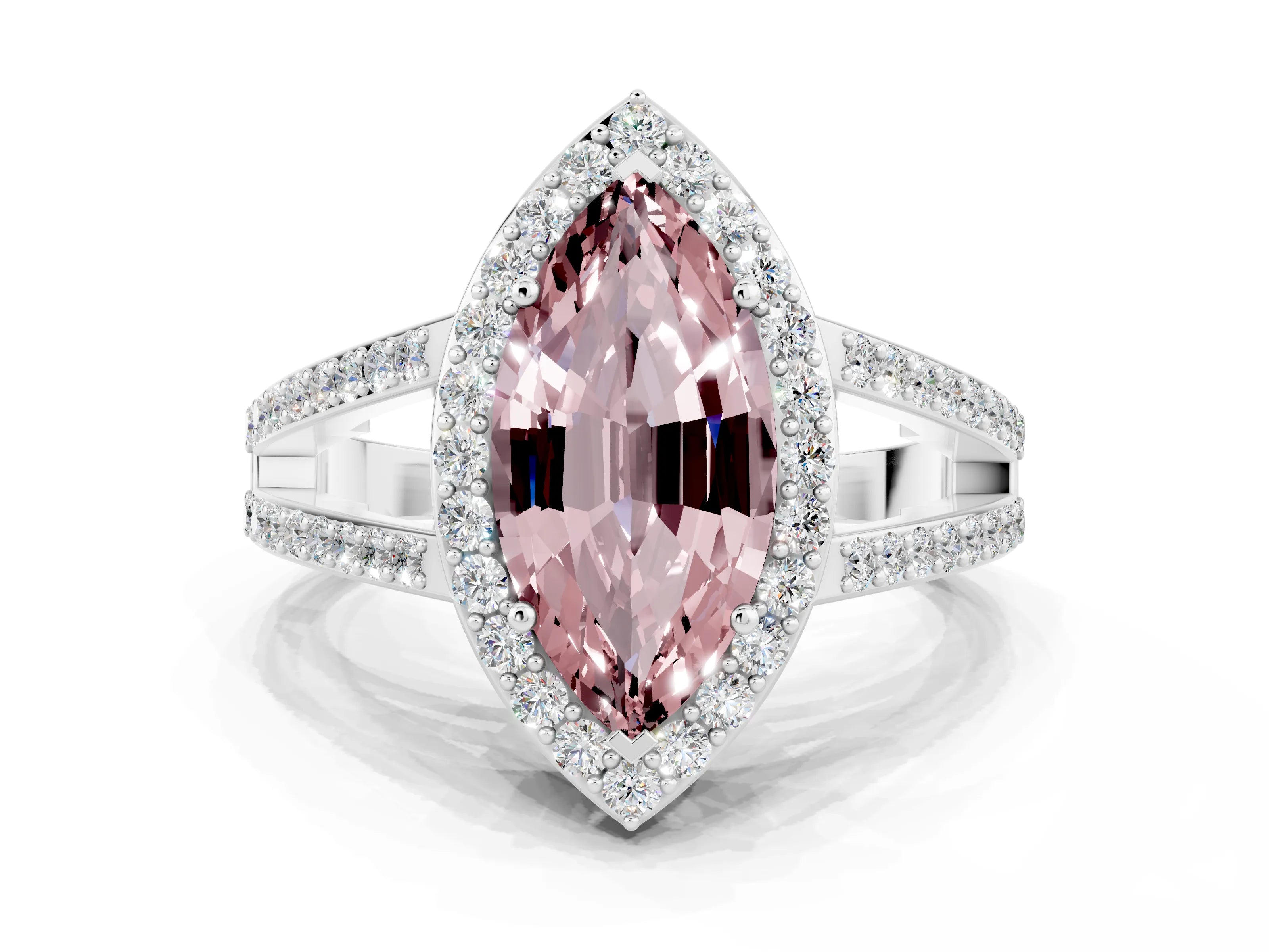 White gold Marquise Cut Morganite Halo Ring with Split Shank U-Prong Band and Four-Prong Setting