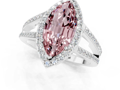 White gold Marquise Cut Morganite Halo Ring with Split Shank U-Prong Band and Four-Prong Setting_1