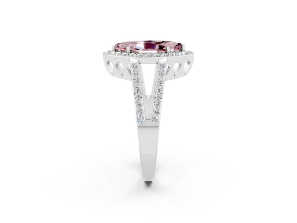 White gold Marquise Cut Morganite Halo Ring with Split Shank U-Prong Band and Four-Prong Setting