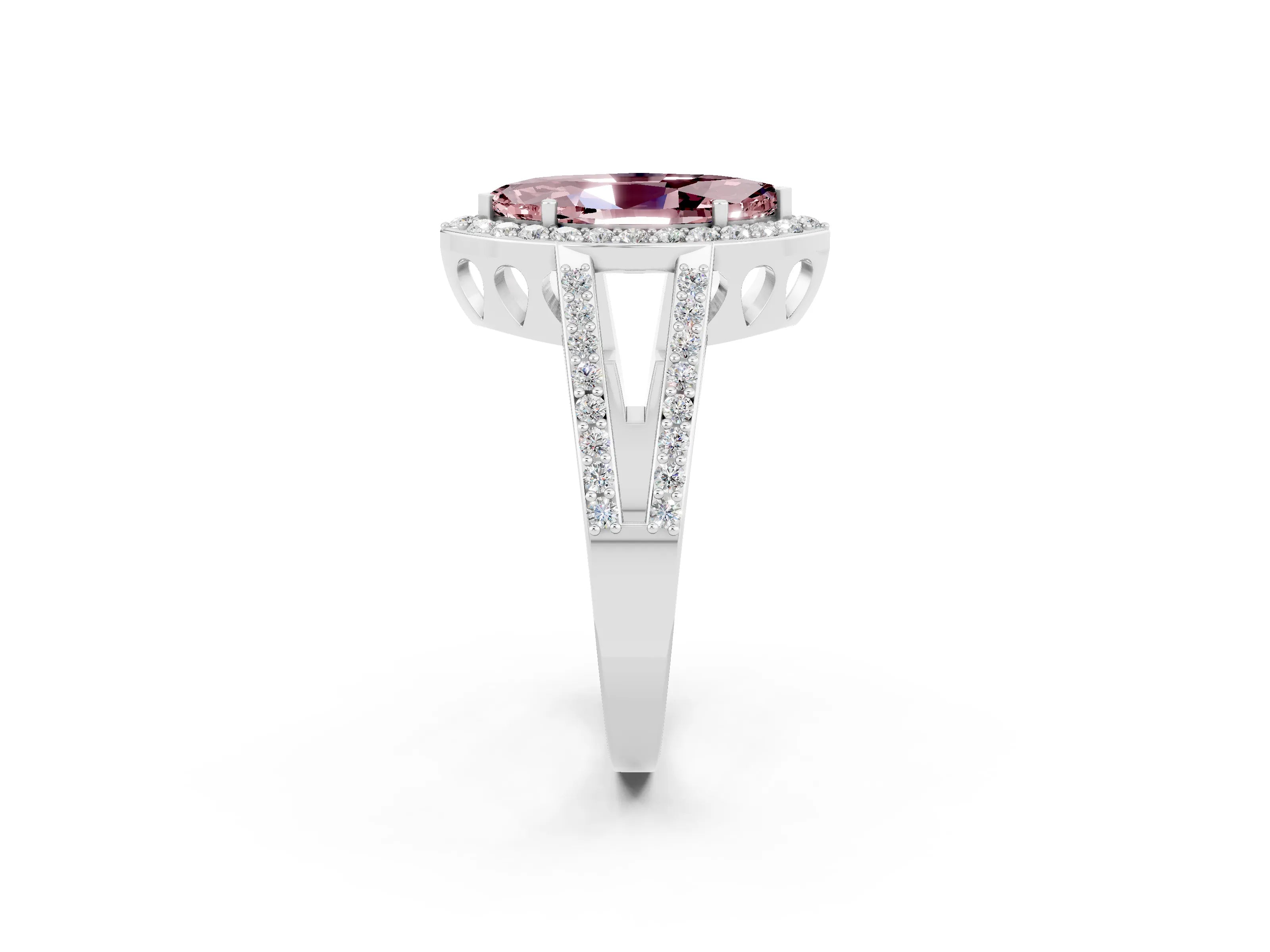 White gold Marquise Cut Morganite Halo Ring with Split Shank U-Prong Band and Four-Prong Setting_2