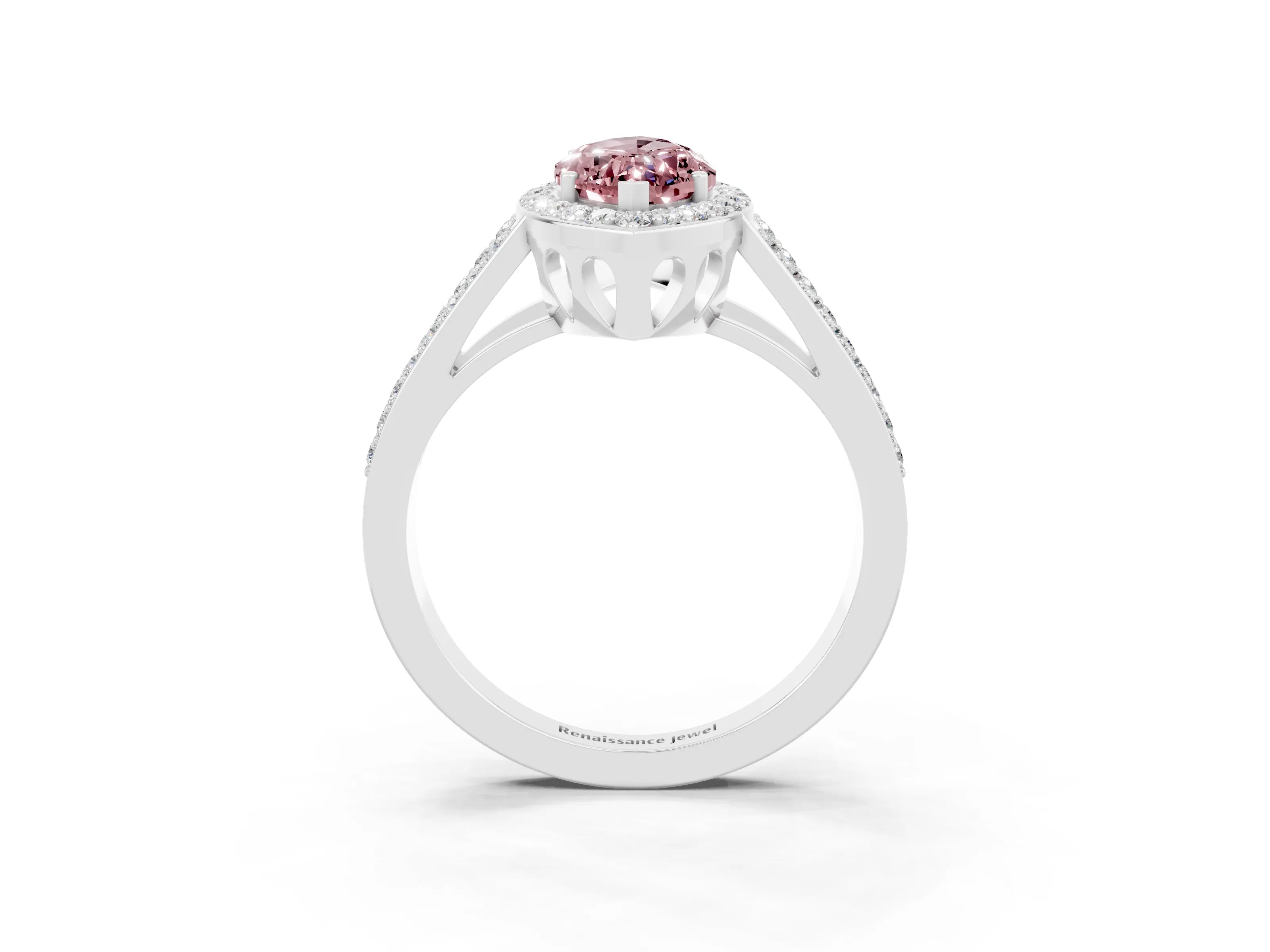 White gold Marquise Cut Morganite Halo Ring with Split Shank U-Prong Band and Four-Prong Setting_3