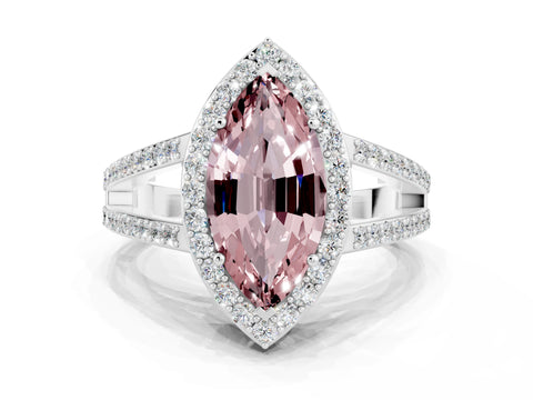 White gold Marquise Cut Morganite Halo Ring with Split Shank U-Prong Band and Four-Prong Setting
