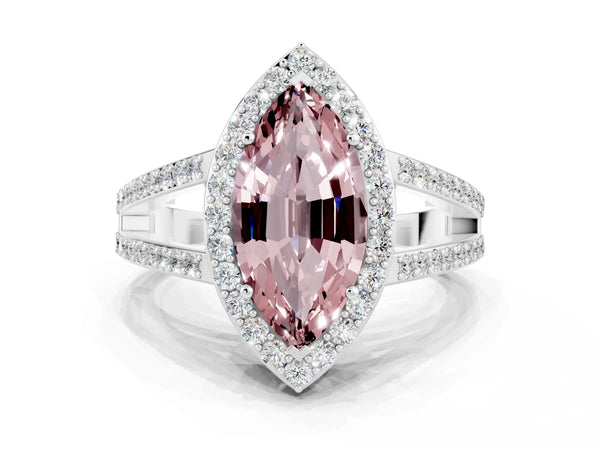 Silver Marquise Cut Morganite Halo Ring with Split Shank U-Prong Band and Four-Prong Setting