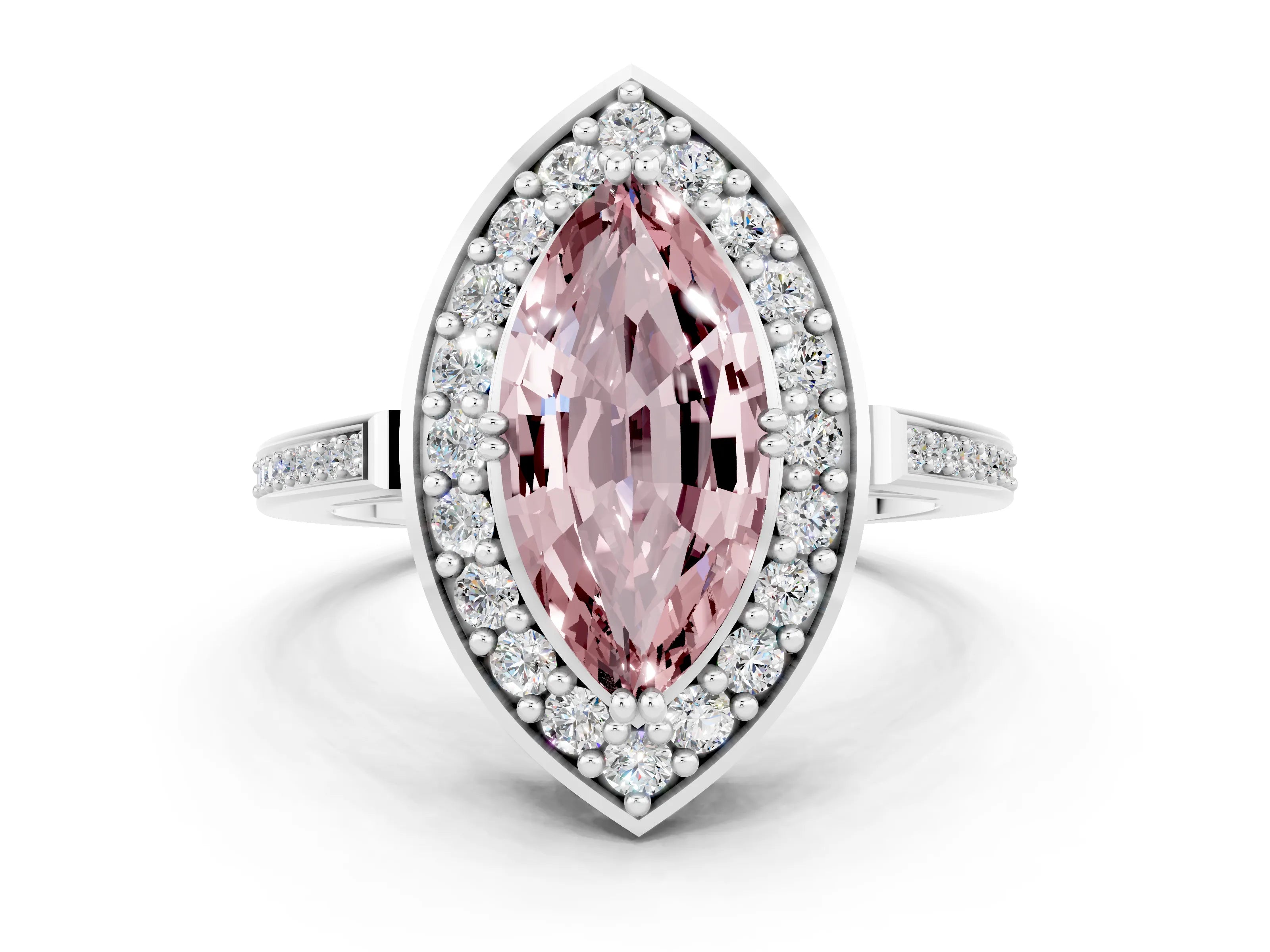 White gold Marquise Cut Morganite Halo Ring with Split Shank and Four-Prong Setting