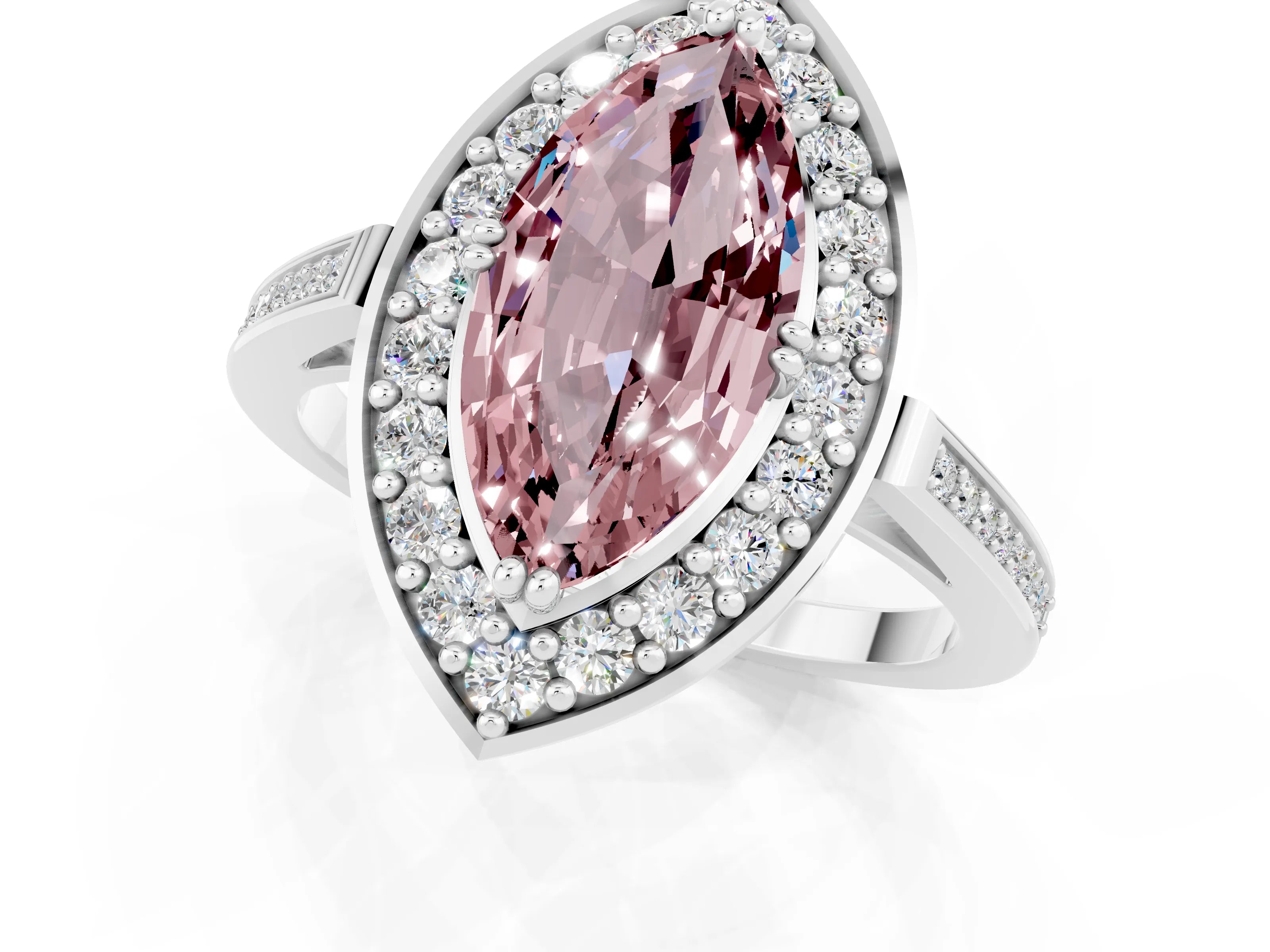 White gold Marquise Cut Morganite Halo Ring with Split Shank and Four-Prong Setting_1
