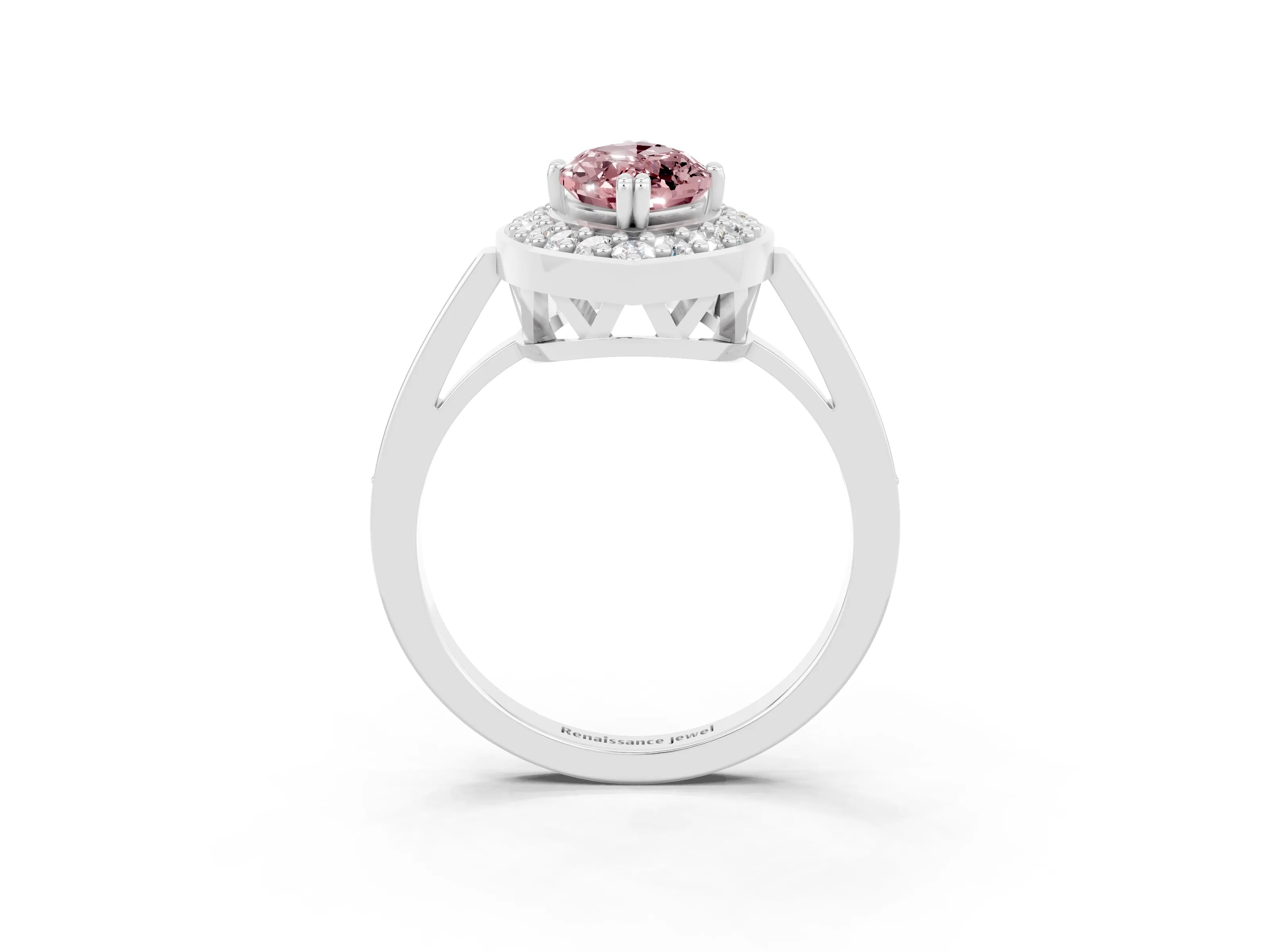 White gold Marquise Cut Morganite Halo Ring with Split Shank and Four-Prong Setting_3