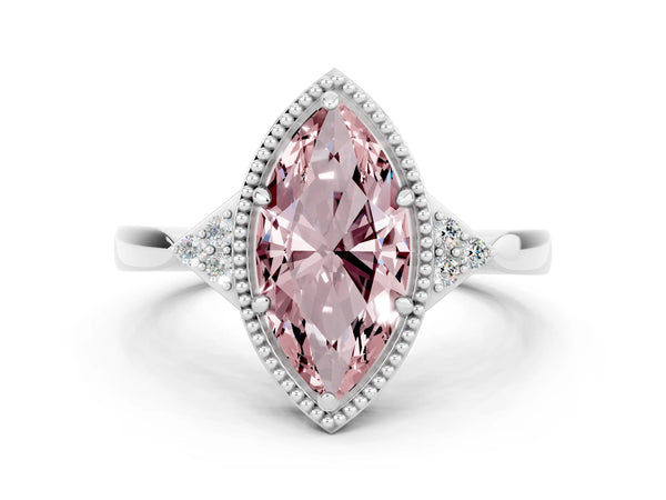 Platinum Marquise Cut Morganite Halo Ring with Tapered Band and Four-Prong Setting