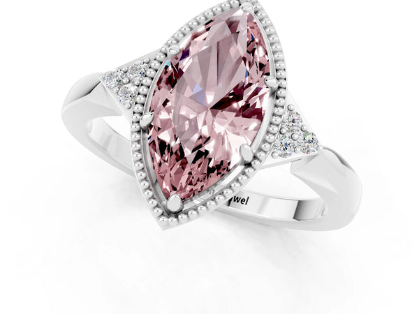 Platinum Marquise Cut Morganite Halo Ring with Tapered Band and Four-Prong Setting