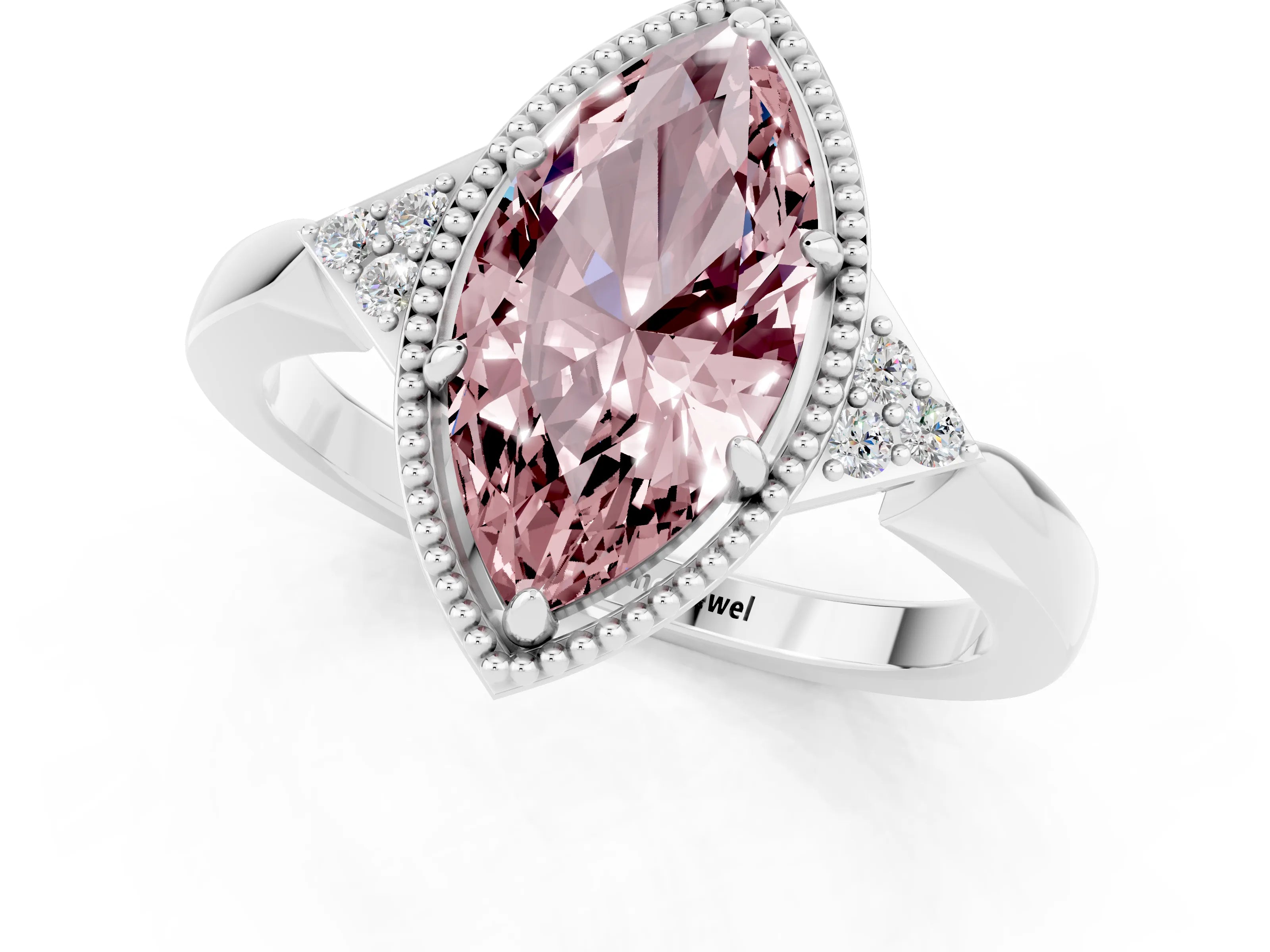 White gold Marquise Cut Morganite Halo Ring with Tapered Band and Four-Prong Setting_1
