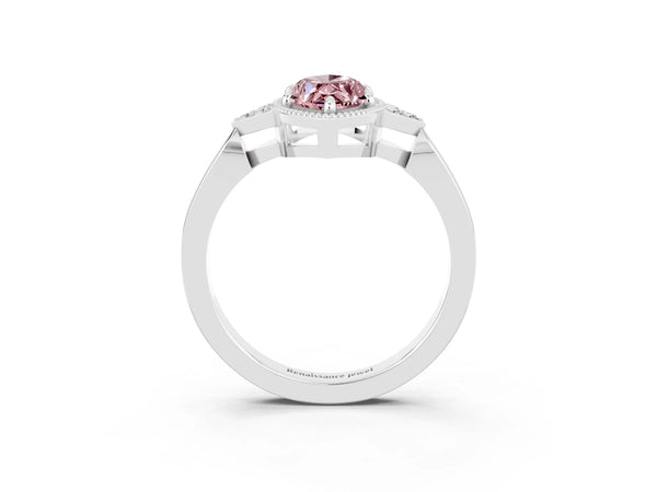 White gold Marquise Cut Morganite Halo Ring with Tapered Band and Four-Prong Setting