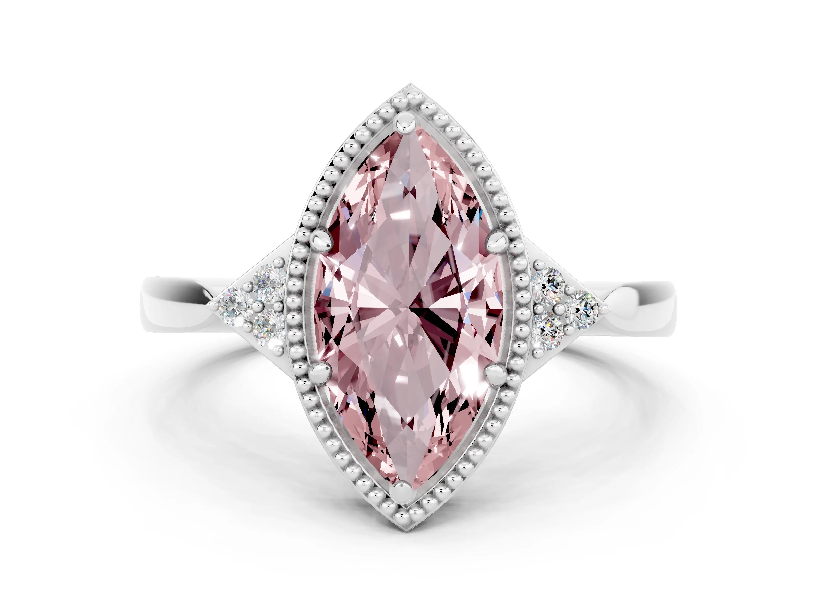 White gold Marquise Cut Morganite Halo Ring with Tapered Band and Four-Prong Setting