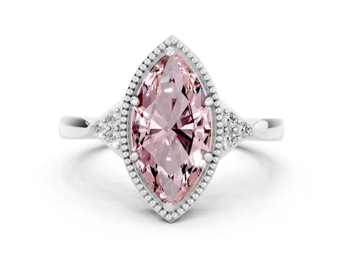 White gold Marquise Cut Morganite Halo Ring with Tapered Band and Four-Prong Setting