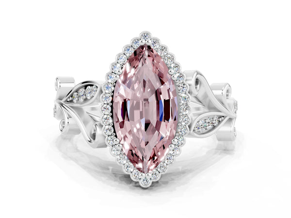 Silver Marquise Cut Morganite Halo Ring with Vintage Split Shank and Four-Prong Setting