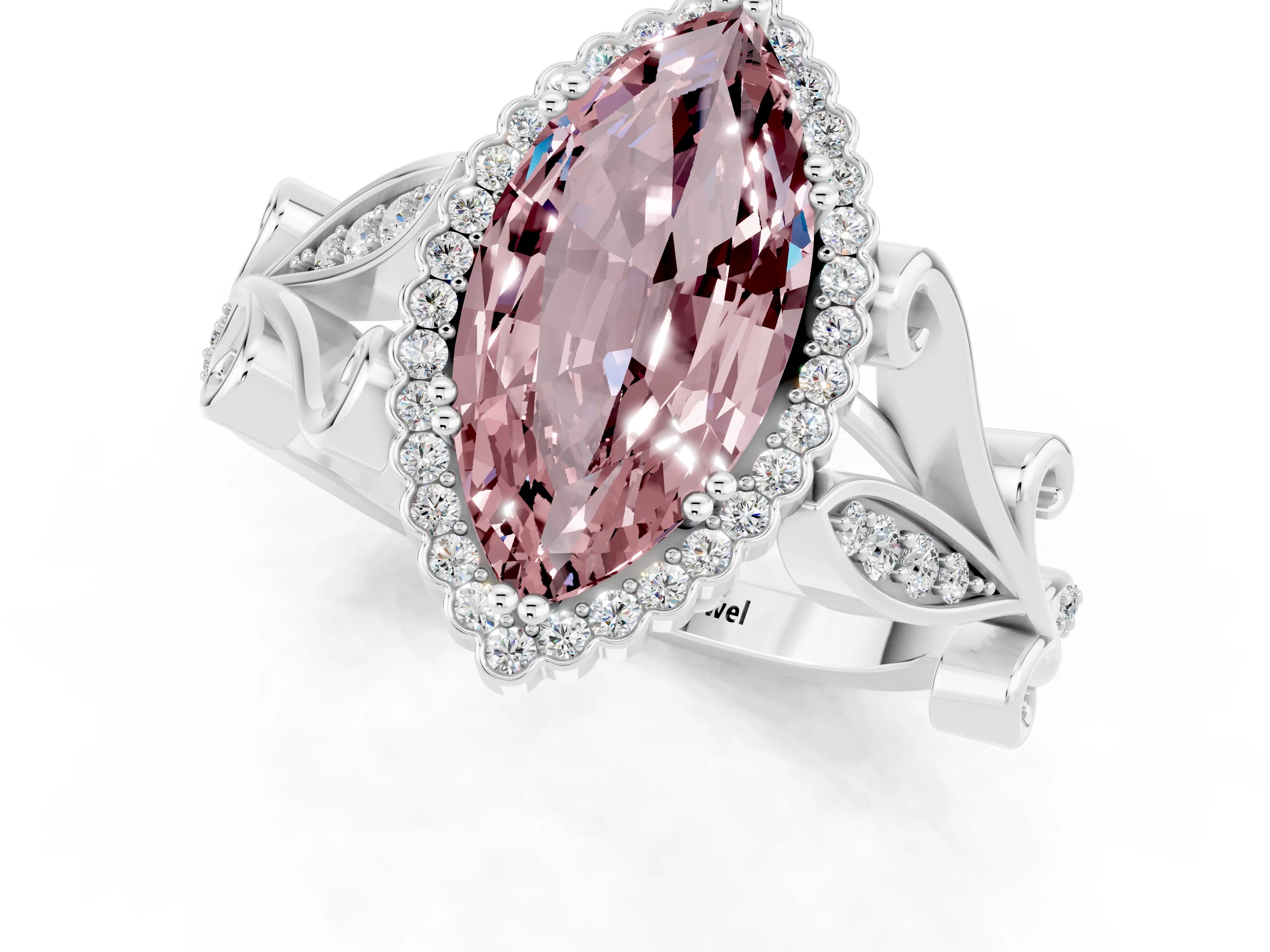 White gold Marquise Cut Morganite Halo Ring with Vintage Split Shank and Four-Prong Setting_37