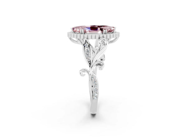 White gold Marquise Cut Morganite Halo Ring with Vintage Split Shank and Four-Prong Setting