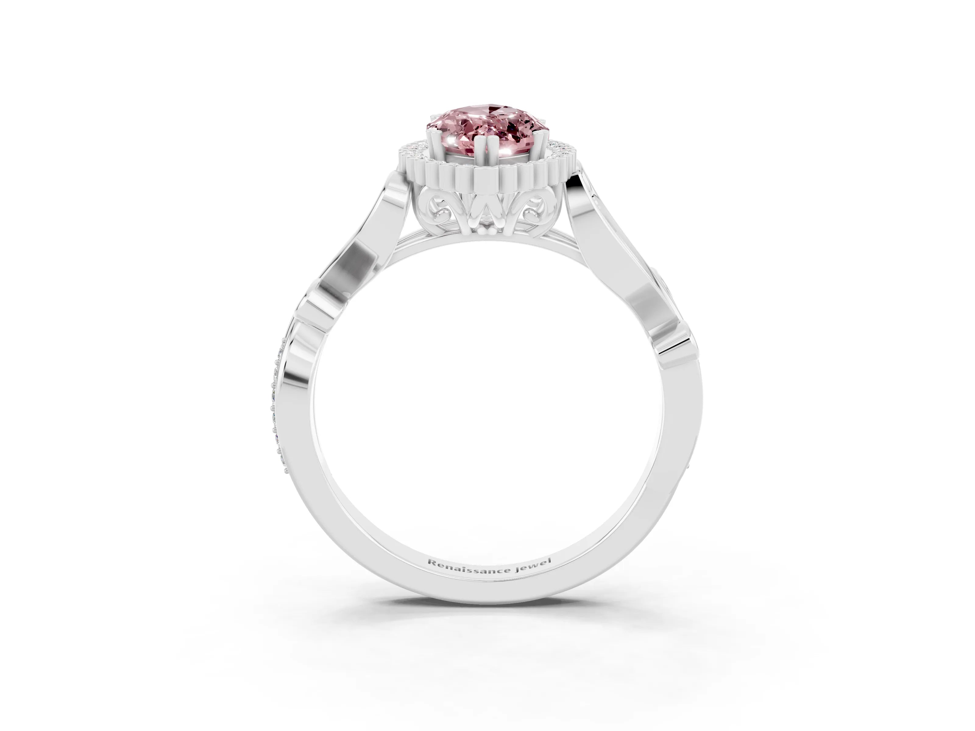 White gold Marquise Cut Morganite Halo Ring with Vintage Split Shank and Four-Prong Setting_39