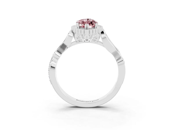 White gold Marquise Cut Morganite Halo Ring with Vintage Split Shank and Four-Prong Setting
