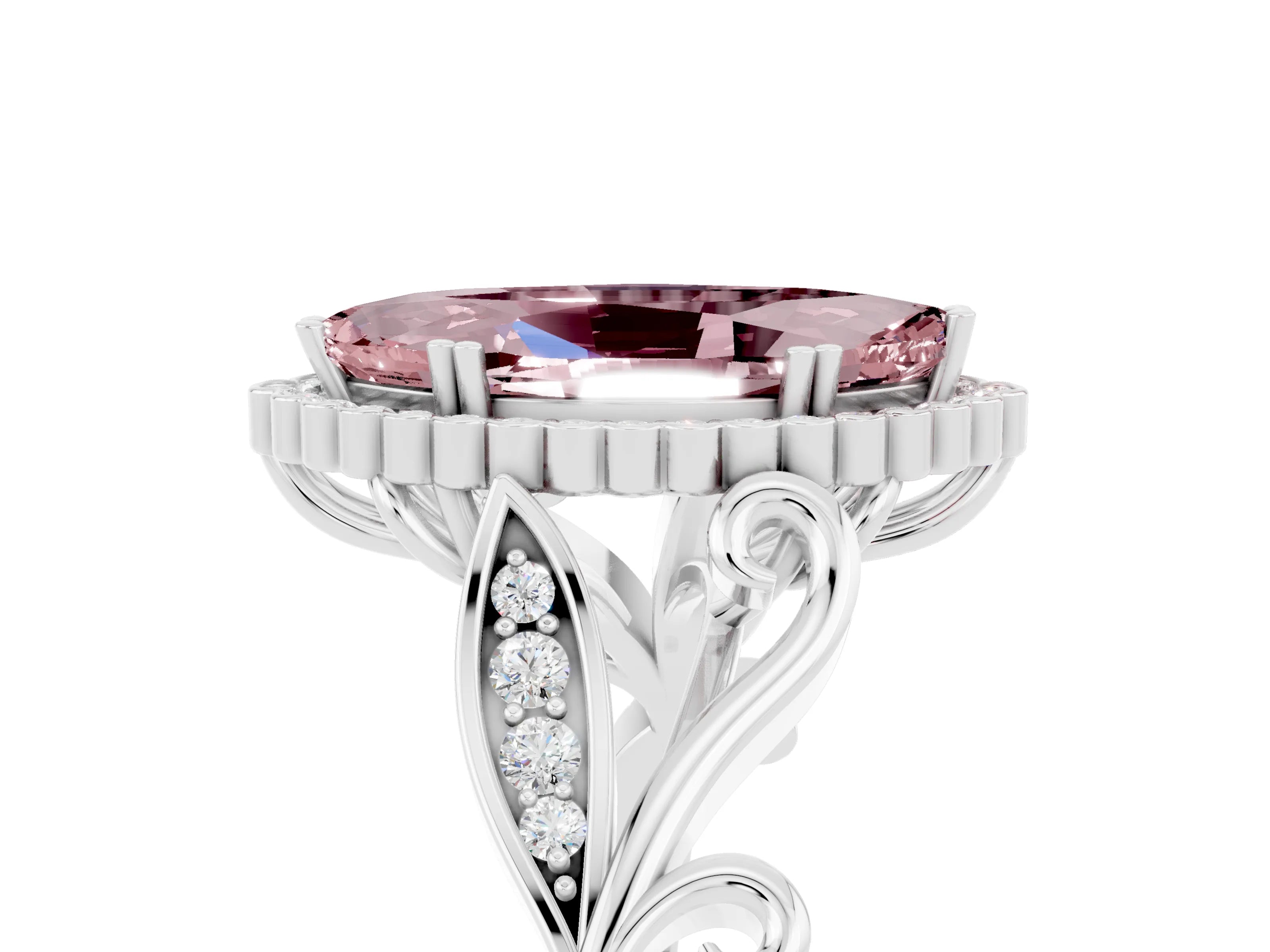 White gold Marquise Cut Morganite Halo Ring with Vintage Split Shank and Four-Prong Setting_41