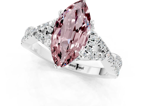 White gold Marquise Cut Morganite Halo Twist Band Solitaire Prong Setting Ring_1
