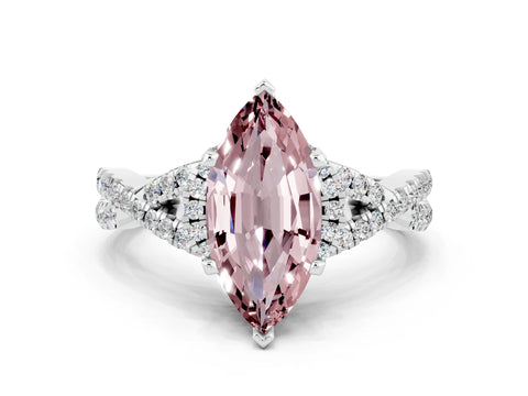 White gold Marquise Cut Morganite Halo Twist Band Solitaire Prong Setting Ring