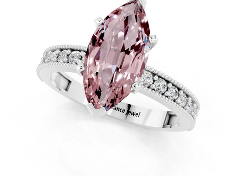 White gold Marquise Cut Morganite Milgrain Pavé Engagement Ring with Four-Prong Setting_1