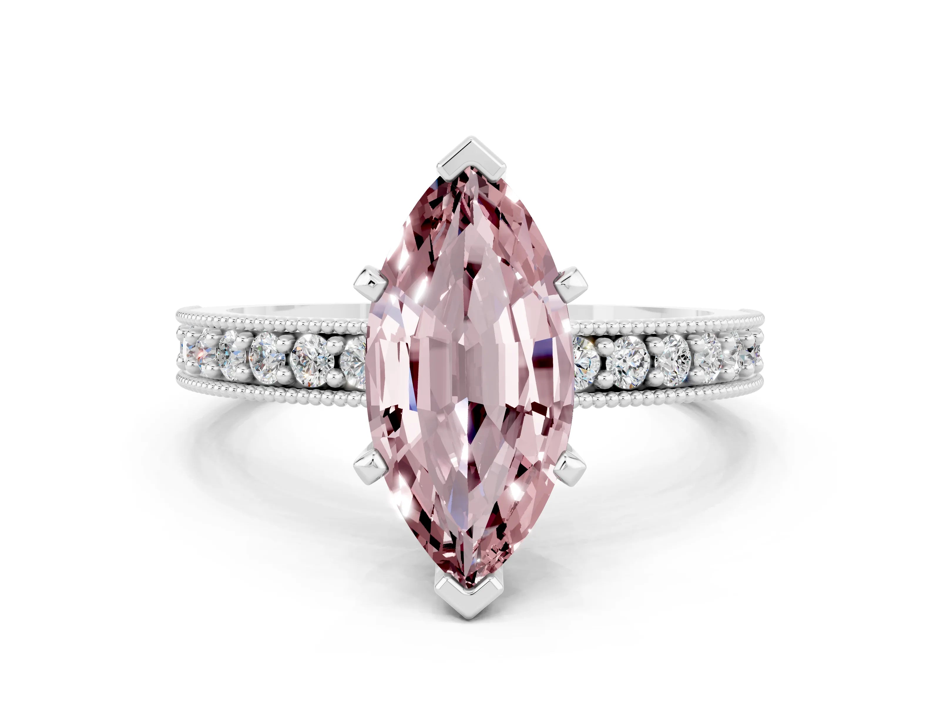 White gold Marquise Cut Morganite Milgrain Pavé Engagement Ring with Four-Prong Setting