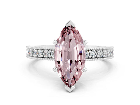White gold Marquise Cut Morganite Milgrain Pavé Engagement Ring with Four-Prong Setting