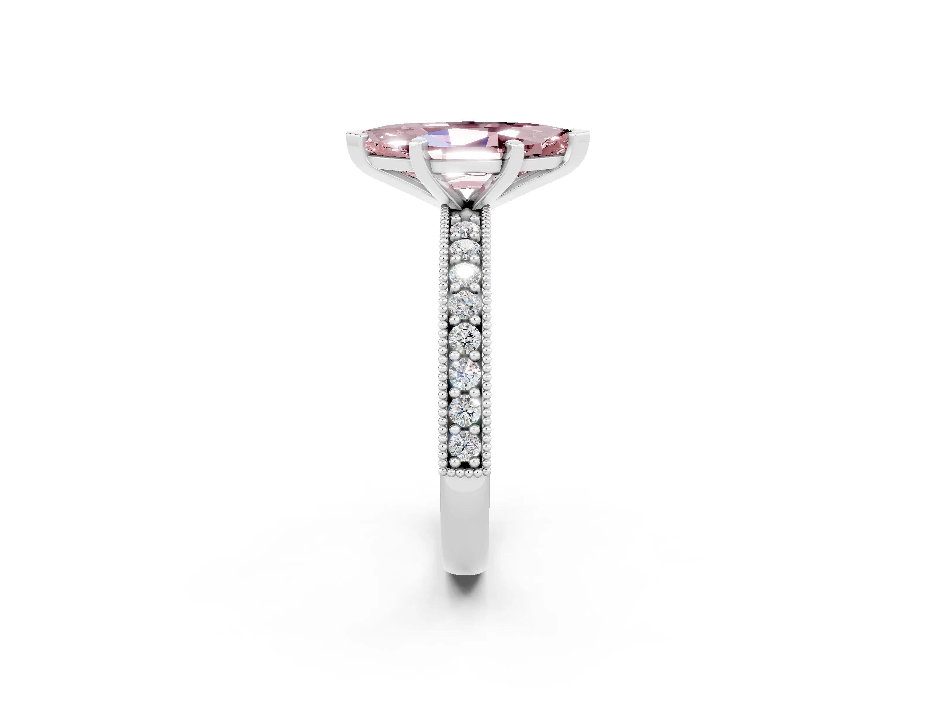 White gold Marquise Cut Morganite Milgrain Pavé Engagement Ring with Four-Prong Setting_2