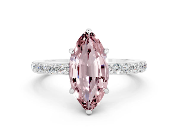 Silver Marquise Cut Morganite Pavé Engagement Ring with Round  Accents and Prong Setting