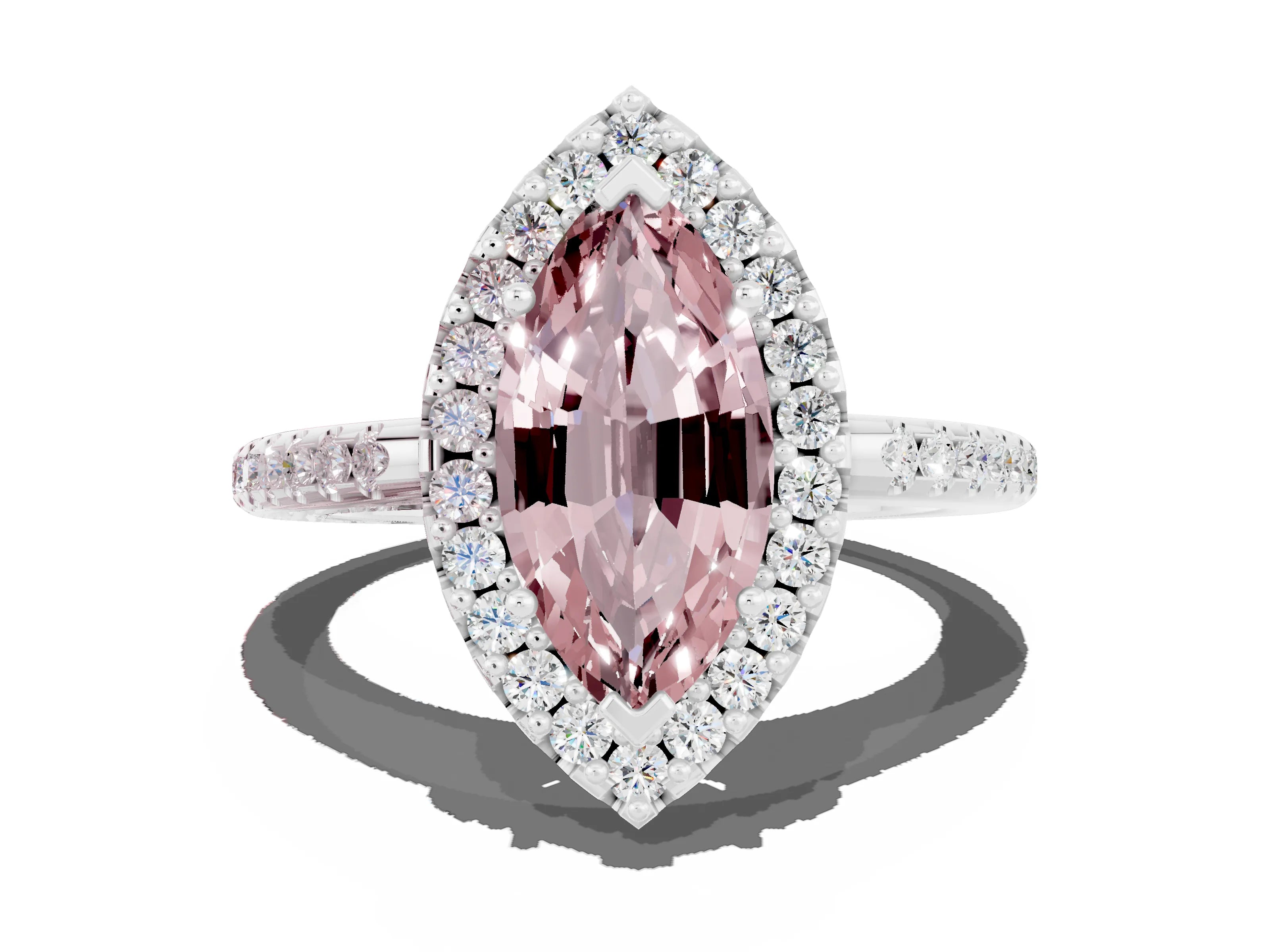 White gold Marquise Cut Morganite Pavé Halo Ring with Four-Prong Setting_12