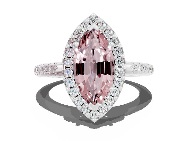 Platinum Marquise Cut Morganite Pavé Halo Ring with Four-Prong Setting