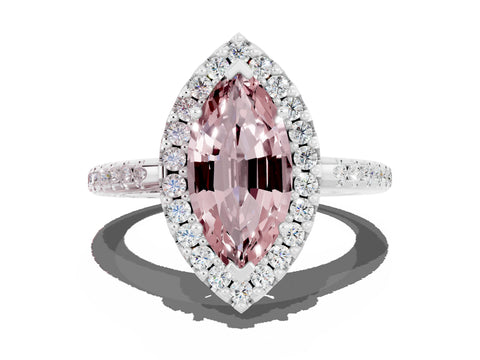 White gold Marquise Cut Morganite Pavé Halo Ring with Four-Prong Setting_12