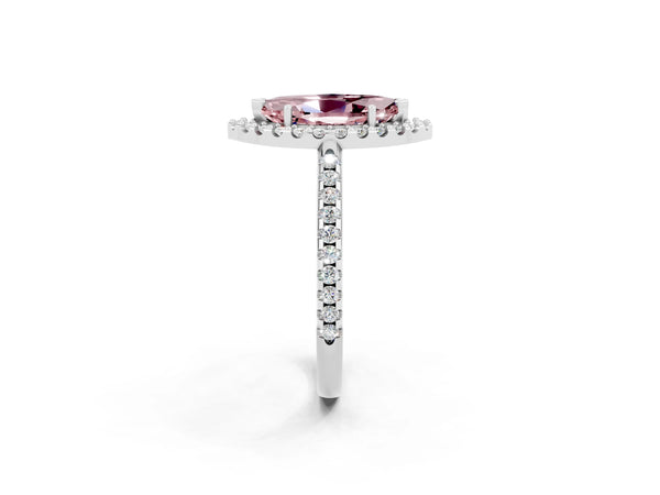 Platinum Marquise Cut Morganite Pavé Halo Ring with Four-Prong Setting