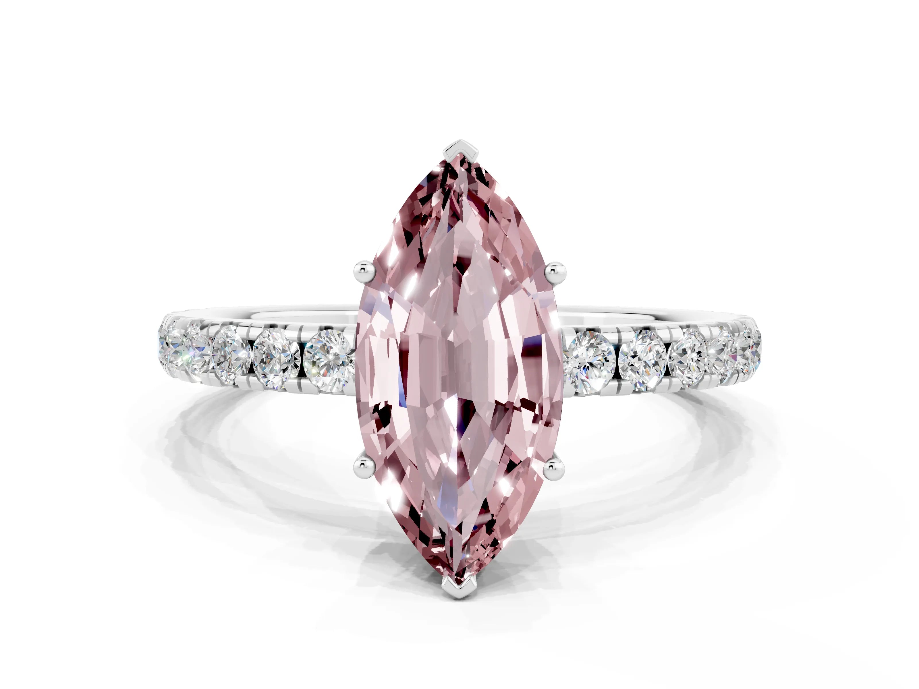 White gold Marquise Cut Morganite Pavé Solitaire Engagement Ring with Four-Prong Setting_12