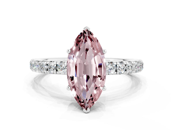 White gold Marquise Cut Morganite Pavé Solitaire Engagement Ring with Four-Prong Setting