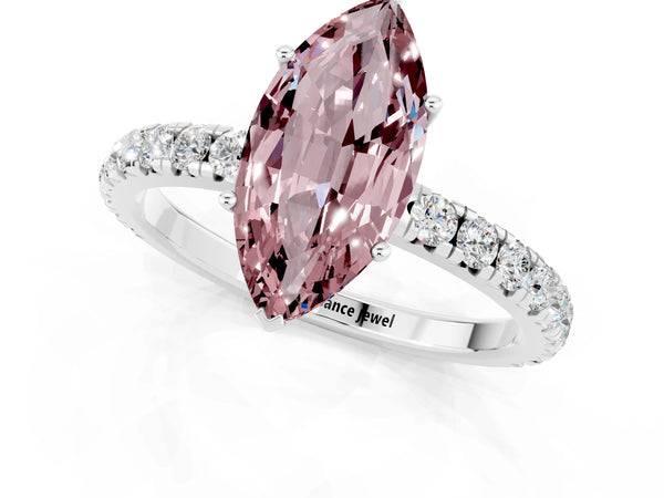 Silver Marquise Cut Morganite Pavé Solitaire Engagement Ring with Four-Prong Setting