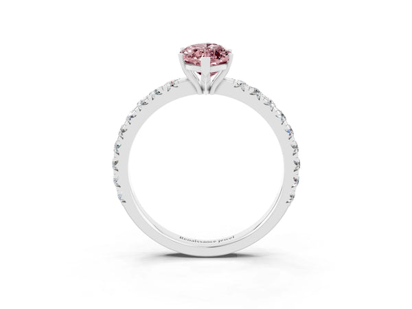 Silver Marquise Cut Morganite Pavé Solitaire Engagement Ring with Four-Prong Setting