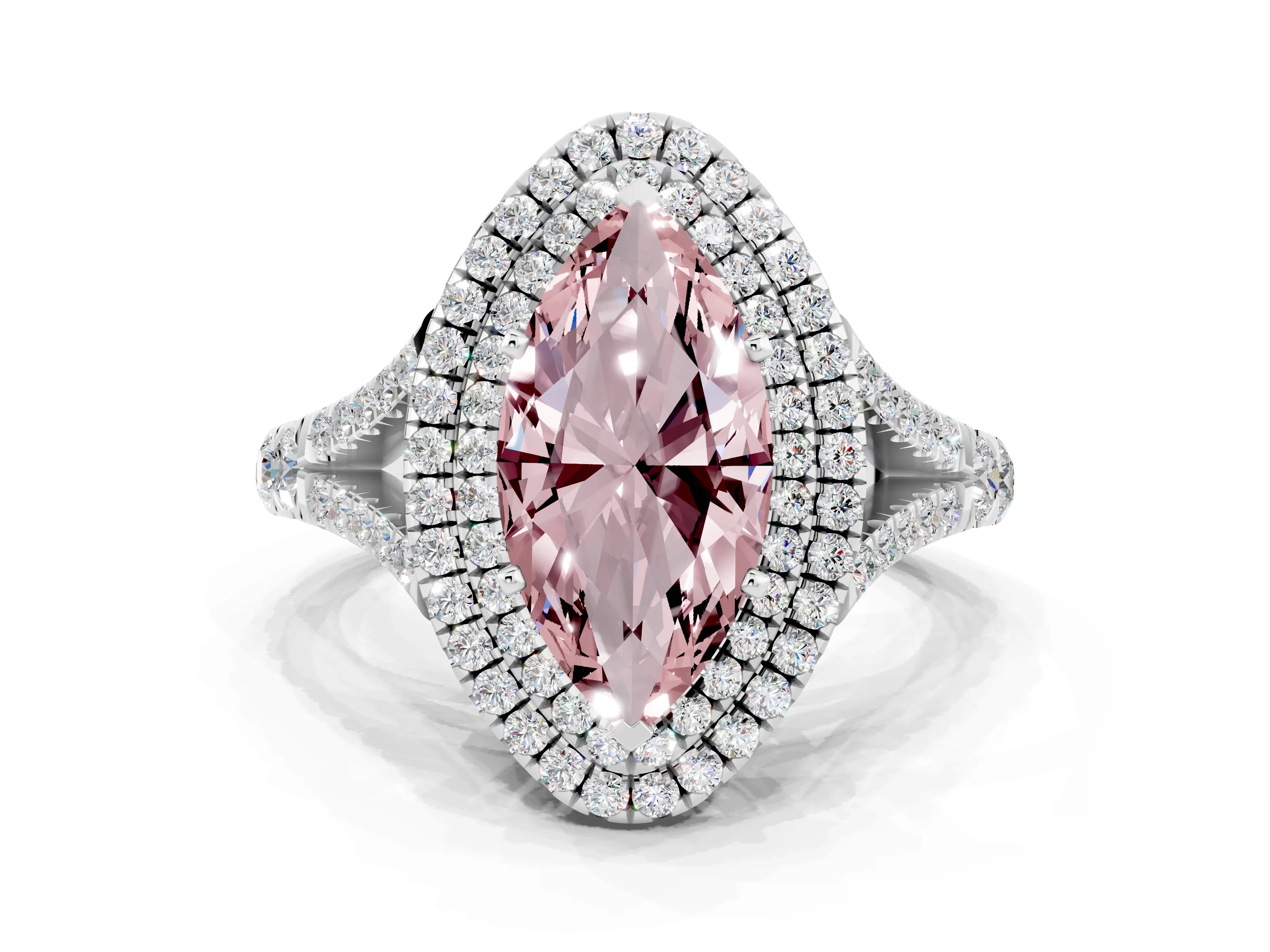 White gold Marquise Cut Morganite Pavé Split Shank Double Halo Engagement Ring