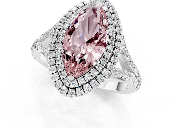 White gold Marquise Cut Morganite Pavé Split Shank Double Halo Engagement Ring