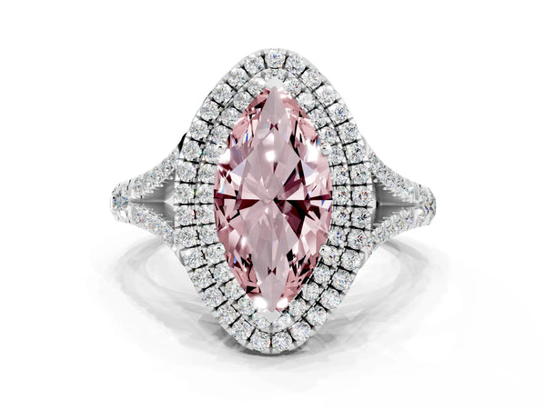Silver Marquise Cut Morganite Pavé Split Shank Double Halo Engagement Ring