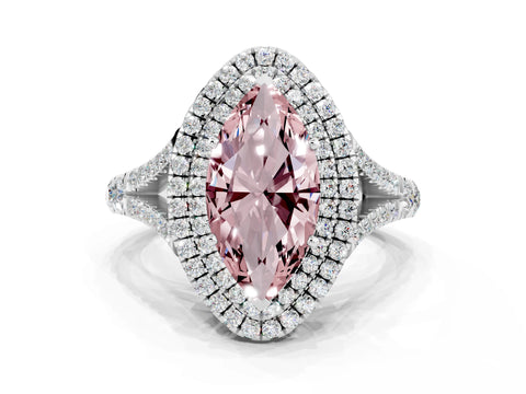 White gold Marquise Cut Morganite Pavé Split Shank Double Halo Engagement Ring