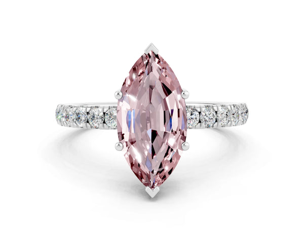 White gold Marquise Cut Morganite Pave Band Solitaire Ring with Round  and Prong Setting