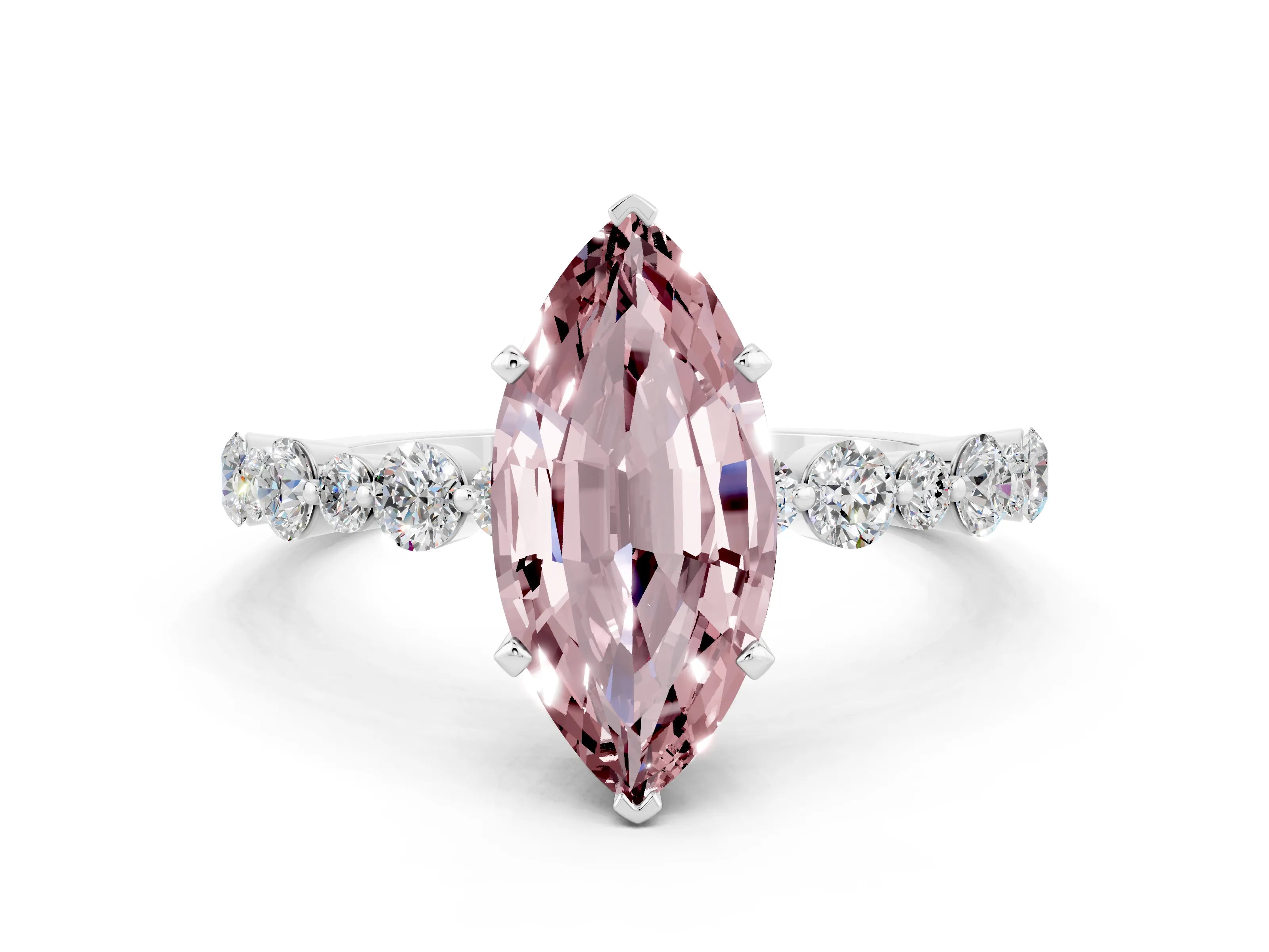 White gold Marquise Cut Morganite Prong Set Engagement Ring with Pavé Band