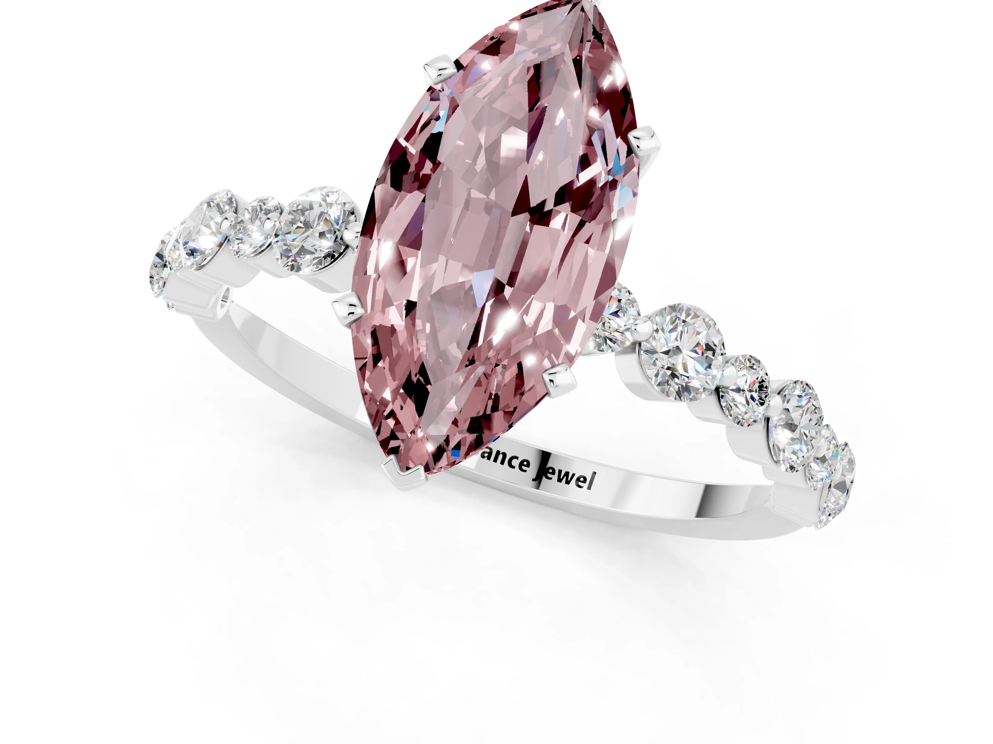 White gold Marquise Cut Morganite Prong Set Engagement Ring with Pavé Band_1