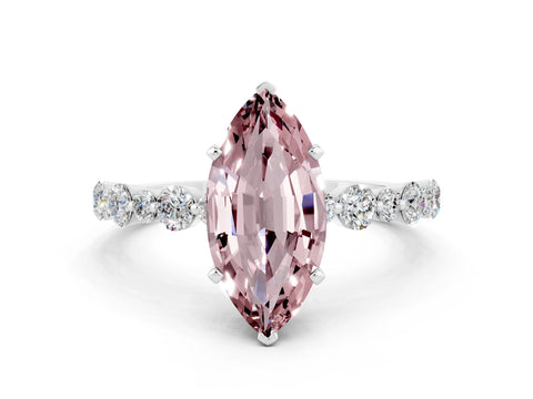 White gold Marquise Cut Morganite Prong Set Engagement Ring with Pavé Band