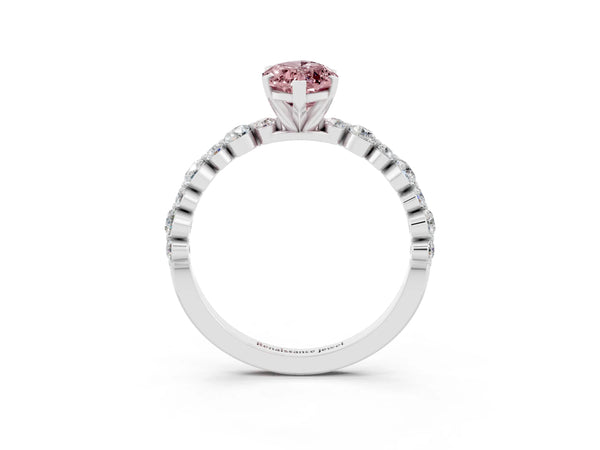 Silver Marquise Cut Morganite Prong Set Engagement Ring with Pavé Band