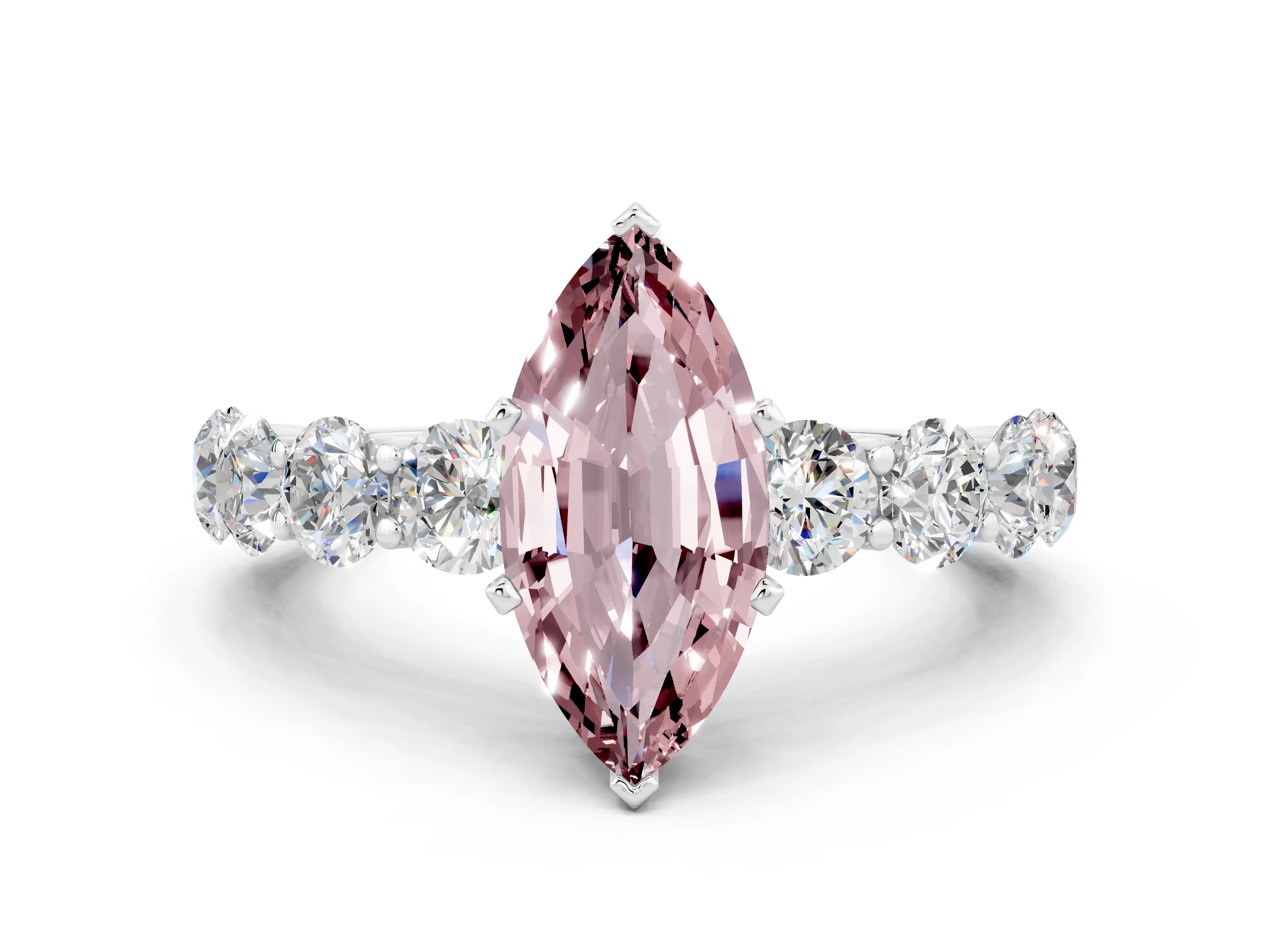 White gold Marquise Cut Morganite Prong Setting with Side Stones on a Pave Band