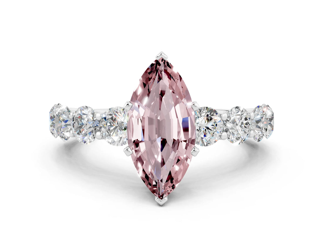 White gold Marquise Cut Morganite Prong Setting with Side Stones on a Pave Band